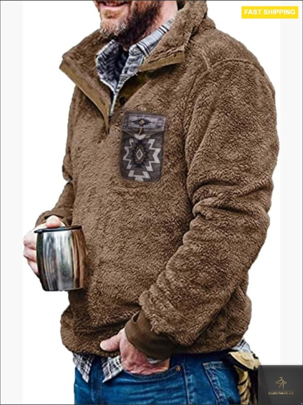 Mens Vintage Aztec Sherpa Pullover Fleece Jacket Winter Western Coat with Pocket